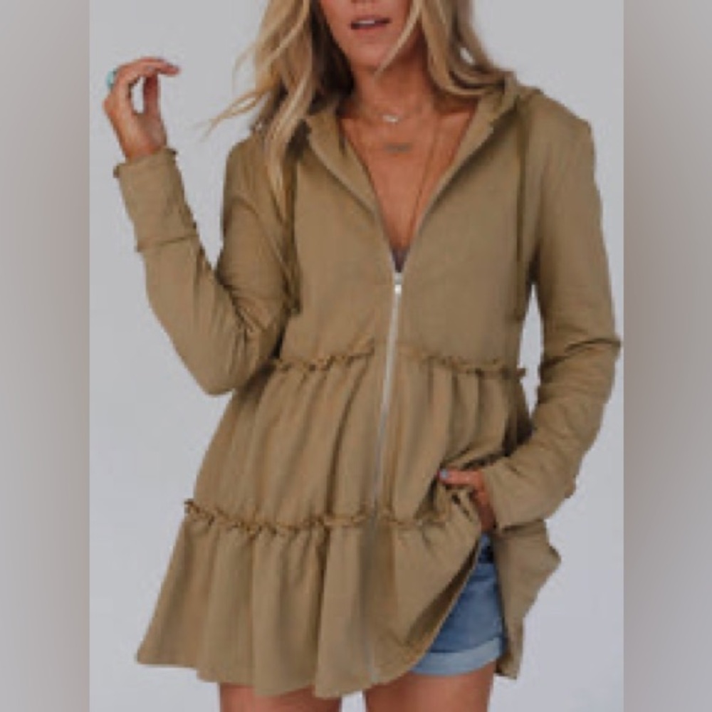 Tiered Zip-Front Hoodie in Tan
